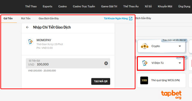 Các bước nạp tiền TAPTAP bằng ví điện tử