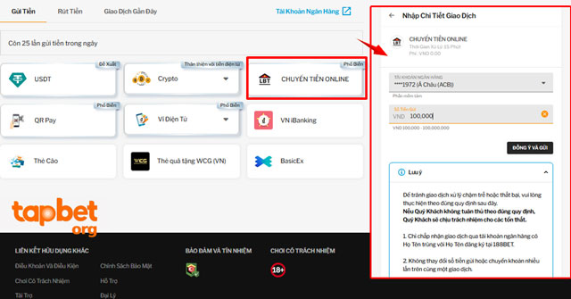 Chuyển tiền online để nạp tiền TAPTAP