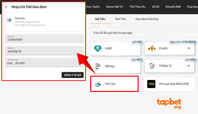 Dùng thẻ cào nạp tiền TAPTAP